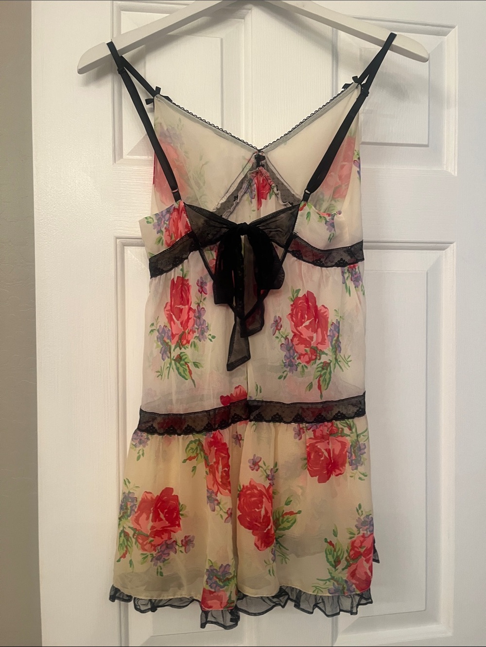 Betsey Johnson Cream Sheer Floral Slip with Black Lace Trim - Picture 2 of 2